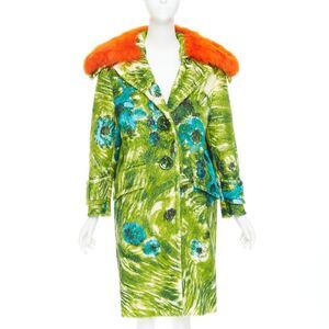 PRADA 2017 Runway alpaca wool felt green floral orange fur collar coat IT40 S